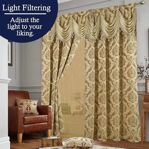 DreamField Linen Curtain Window Panel Taupe 137cm (54" W) x 213cm (84" L) | Light-Filtering Damask Pattern thumbnail 3