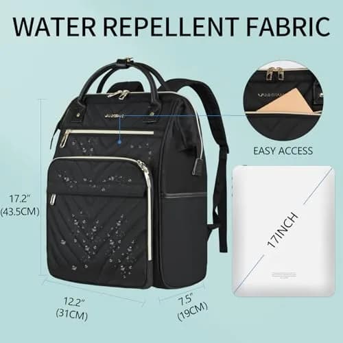 VANKEAN 17.3 Inch Laptop Backpack Quilted Black | Large Capacity Water-Resistant Travel Bag thumbnail 2
