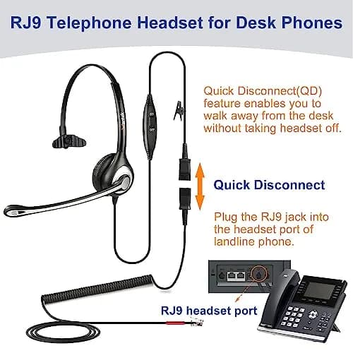 Wantek Yealink Phone Headset with Quick Disconnect Cord | Noise Cancelling, RJ9 Office Headset for Yealink VoIP Phones thumbnail 4