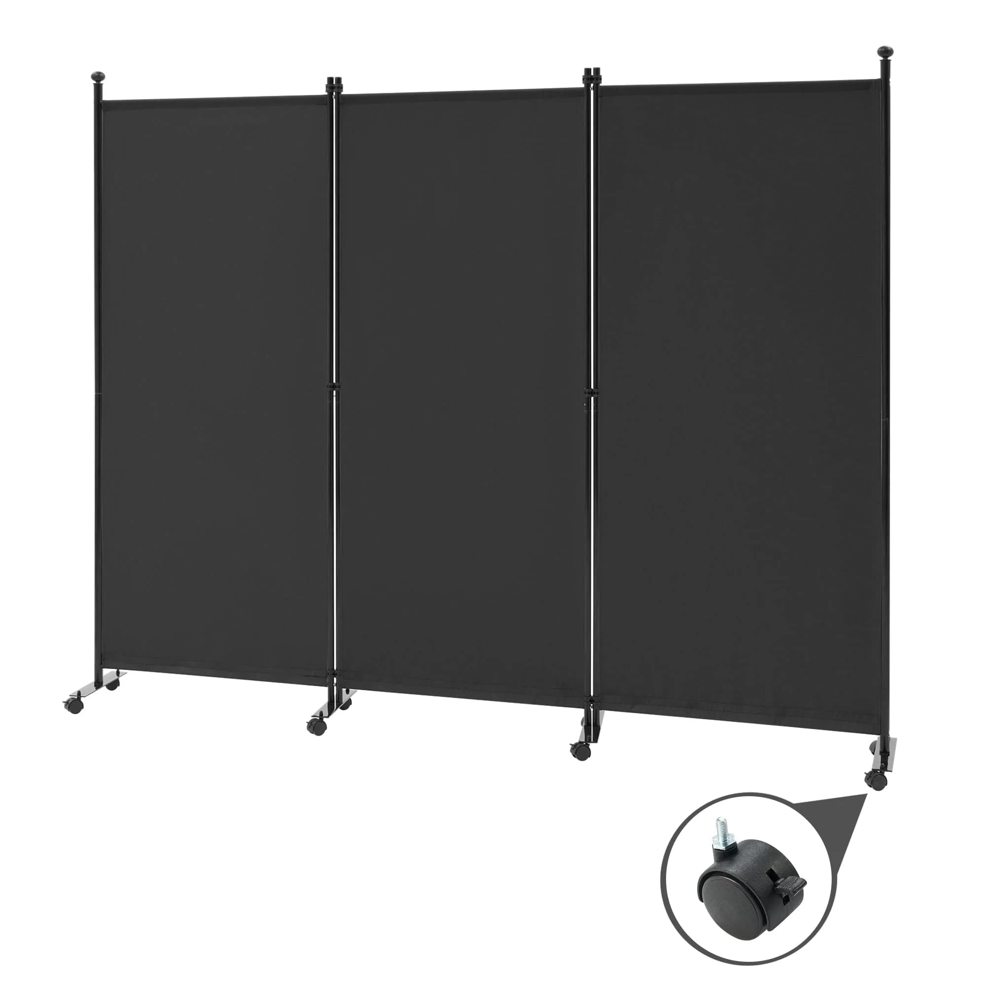 Spurgehom 3 Panel Rolling Room Divider with Wheels, Black Fabric Privacy Screen 223.5cm (88" W x 71" H) | Freestanding Foldable Partition — Black