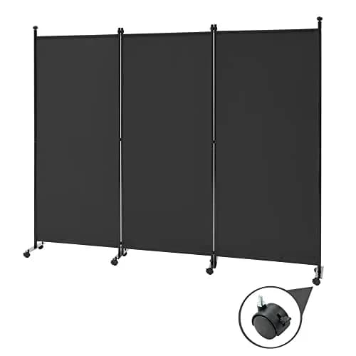 Spurgehom 3 Panel Rolling Room Divider with Wheels, Black Fabric Privacy Screen 223.5cm (88" W x 71" H) | Freestanding Foldable Partition thumbnail 1