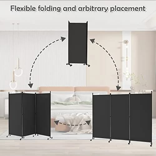 Spurgehom 3 Panel Rolling Room Divider with Wheels, Black Fabric Privacy Screen 223.5cm (88" W x 71" H) | Freestanding Foldable Partition thumbnail 4