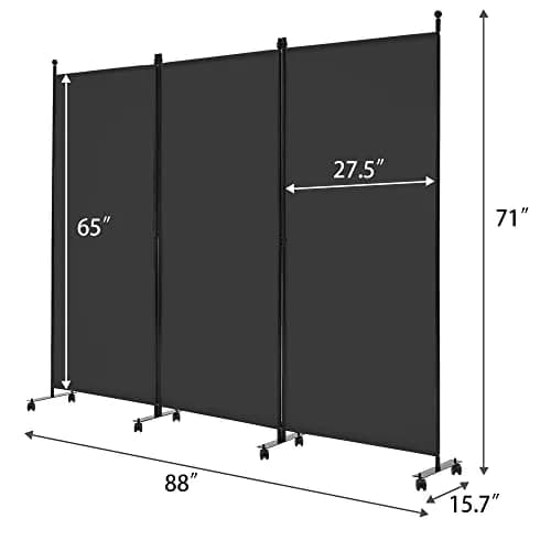 Spurgehom 3 Panel Rolling Room Divider with Wheels, Black Fabric Privacy Screen 223.5cm (88" W x 71" H) | Freestanding Foldable Partition thumbnail 6