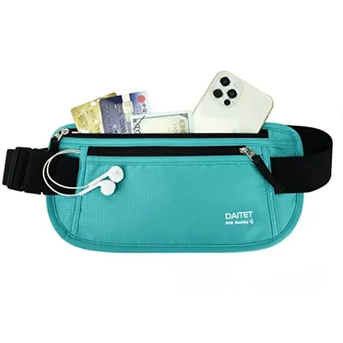 DAITET RFID Blocking Money Belt Slim Fanny Pack for Travel, Running, Passport Holder, Phone, Cash (Black Mint Green) thumbnail 1