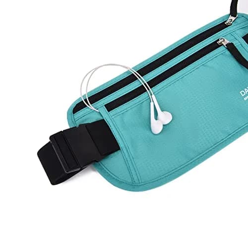 DAITET RFID Blocking Money Belt Slim Fanny Pack for Travel, Running, Passport Holder, Phone, Cash (Black Mint Green) thumbnail 3