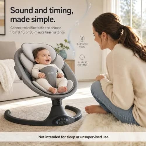 Larex Baby Swing | 5 Speeds, Bluetooth & Remote Control, Black, Large thumbnail 5
