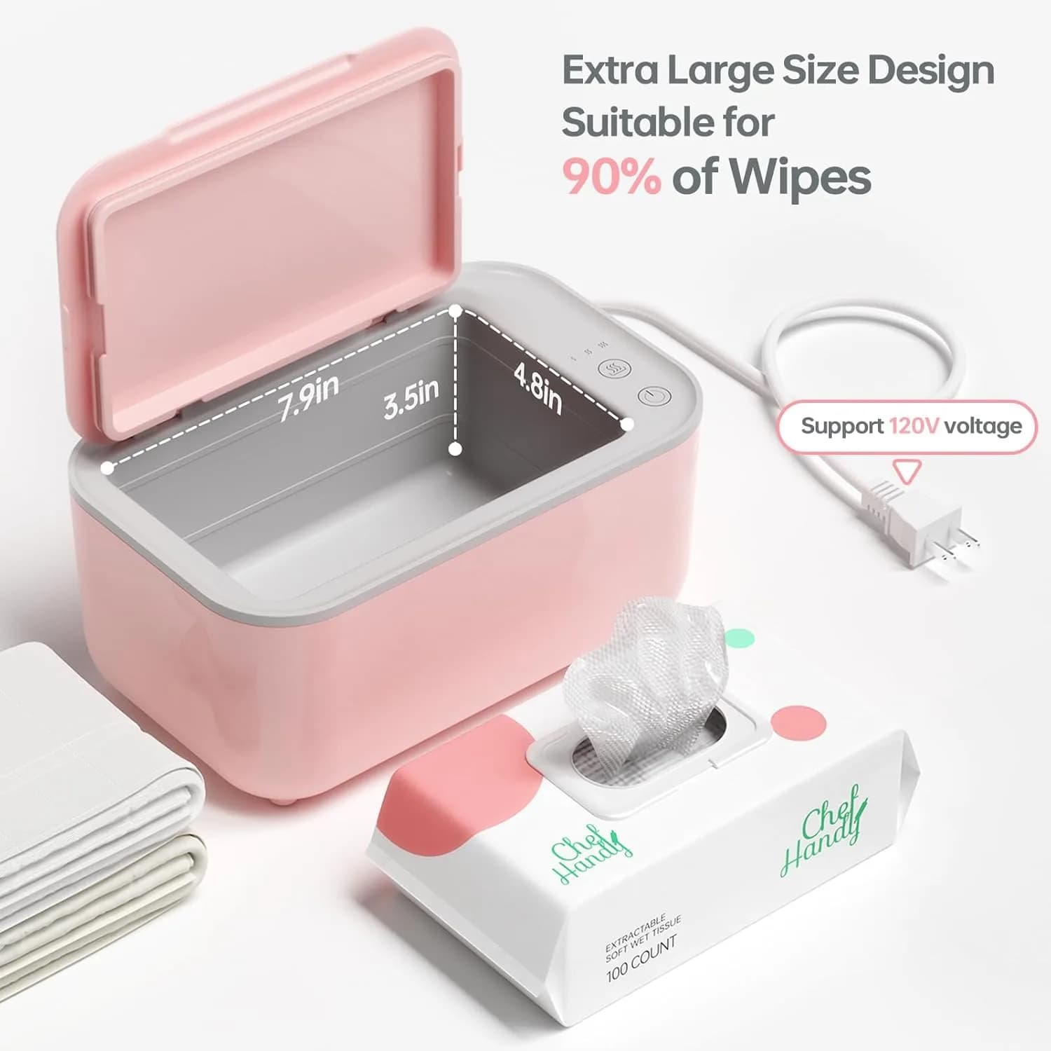 Chefhandy Pink Baby Wipe Warmer with 3 Temperature Settings, Large Capacity | Surround Heating for Even Warmth thumbnail 5