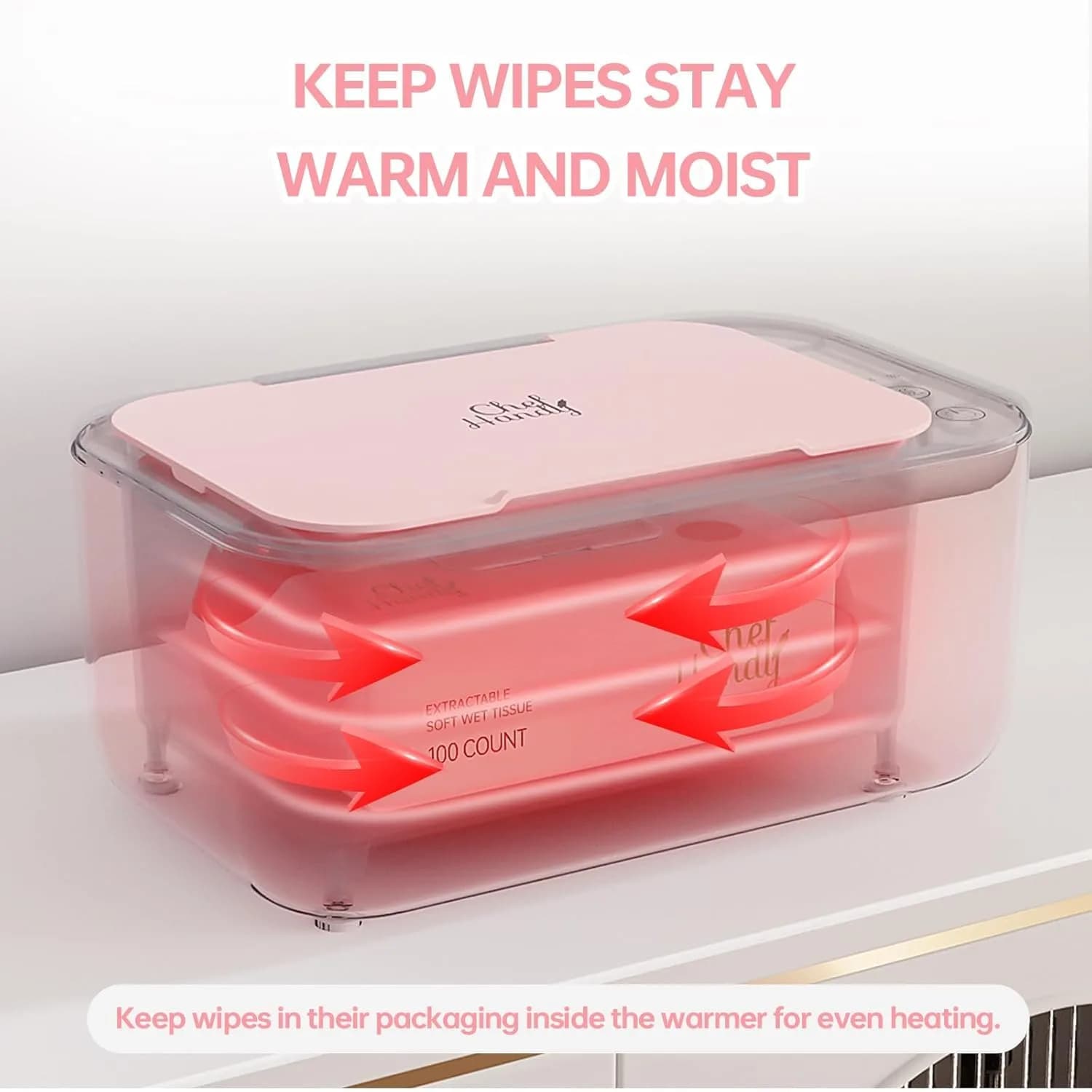 Chefhandy Pink Baby Wipe Warmer with 3 Temperature Settings, Large Capacity | Surround Heating for Even Warmth thumbnail 7