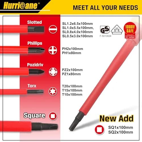 HURRICANE 1000V Insulated Screwdriver Set, 15-Piece Professional Electrician Tool Kit with Magnetic Tips thumbnail 2