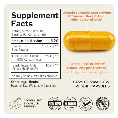 BioSchwartz Turmeric Curcumin with Black Pepper Extract 1500mg 180 Capsules | Advanced Formula for Absorption & Joint Support thumbnail 4