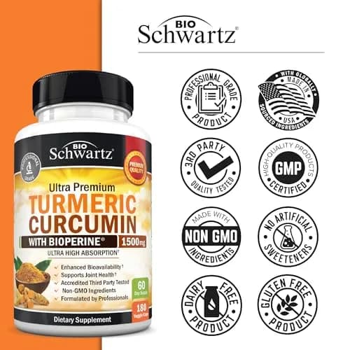 BioSchwartz Turmeric Curcumin with Black Pepper Extract 1500mg 180 Capsules | Advanced Formula for Absorption & Joint Support thumbnail 6