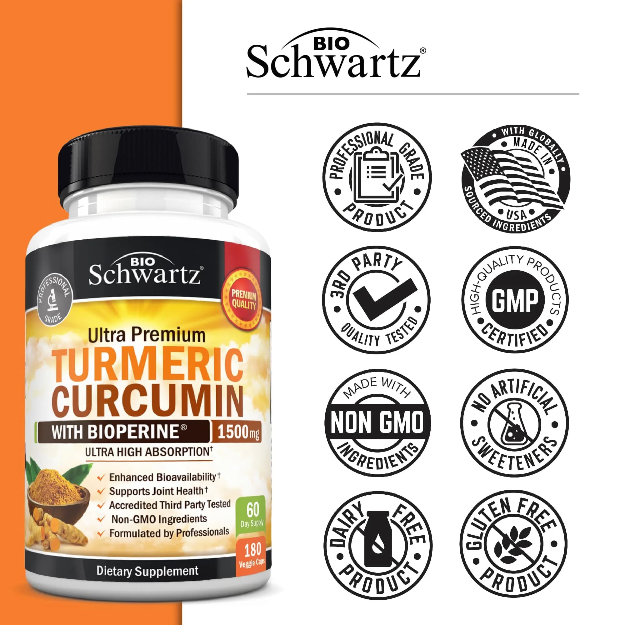 BioSchwartz Turmeric Curcumin with Black Pepper Extract 1500mg 180 Capsules | Advanced Formula for Absorption & Joint Support - view 6