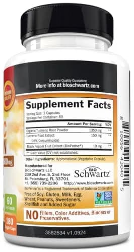 BioSchwartz Turmeric Curcumin with Black Pepper Extract 1500mg 180 Capsules | Advanced Formula for Absorption & Joint Support thumbnail 8