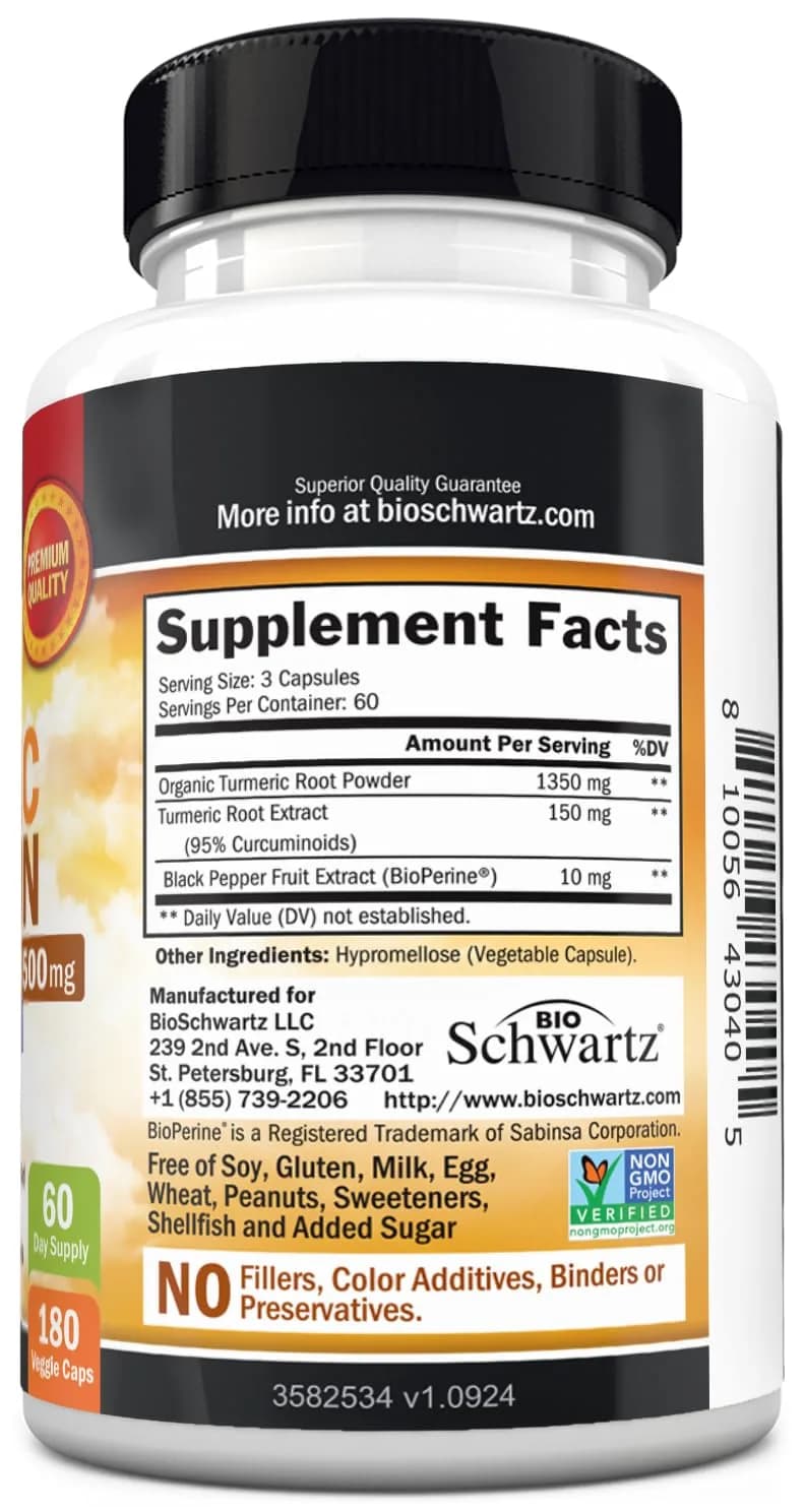 BioSchwartz Turmeric Curcumin with Black Pepper Extract 1500mg 180 Capsules | Advanced Formula for Absorption & Joint Support - view 8