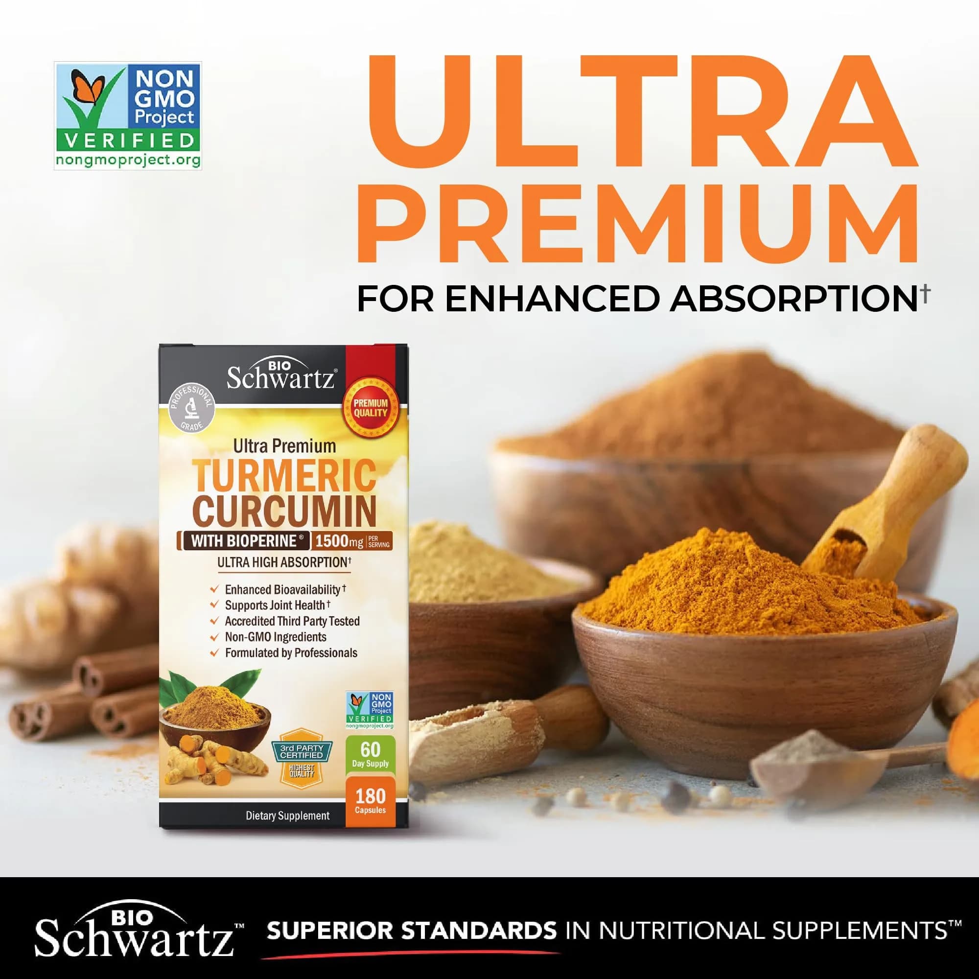 BioSchwartz Turmeric Curcumin with Black Pepper Extract 1500mg 180 Capsules | Advanced Formula for Absorption & Joint Support - view 3