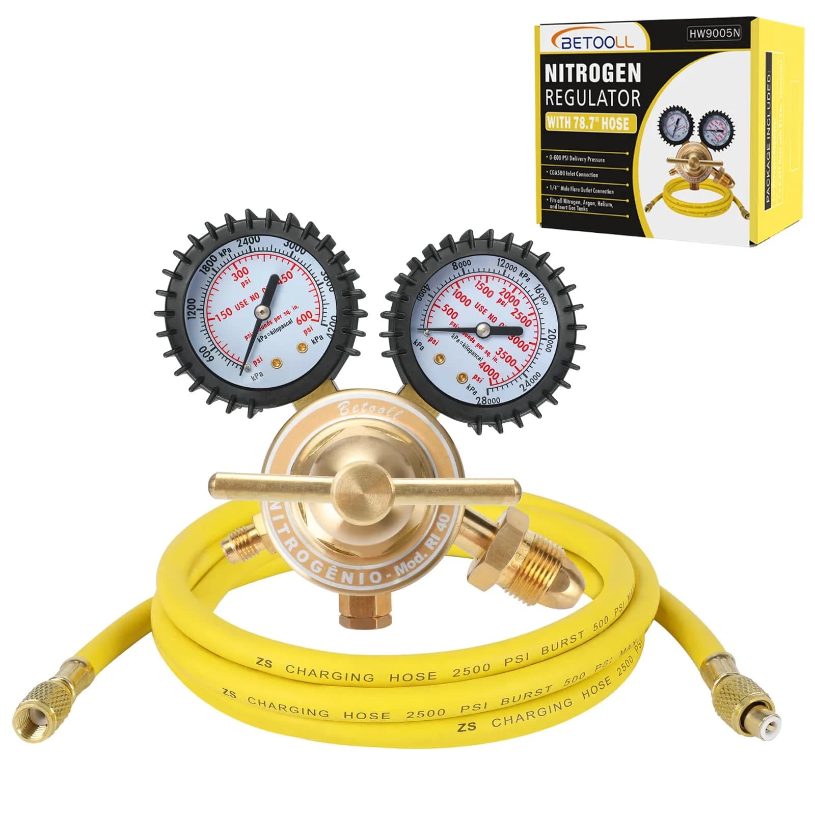 BETOOLL Nitrogen Regulator - Gauge with 78.7" Hose, 0-600 PSI Brass Inlet Outlet | Accurate Pressure Control