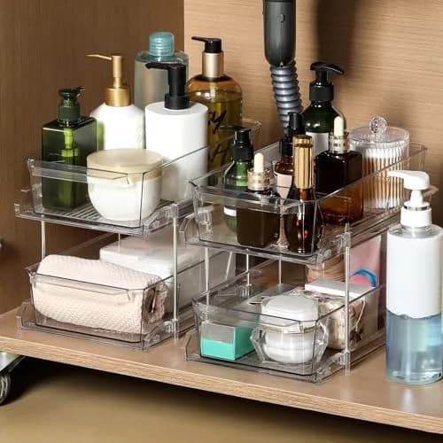LANDNEOO 2 Set, 2 Tier Clear Organizer with Dividers | Multi-Use Slide-Out Storage for Kitchen, Bathroom, Vanity thumbnail 6