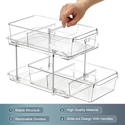 LANDNEOO 2 Set, 2 Tier Clear Organizer with Dividers | Multi-Use Slide-Out Storage for Kitchen, Bathroom, Vanity thumbnail 9