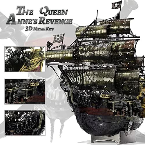 Piececool Queen Anne's Revenge Pirate Ship 3D Metal Puzzle Model Kit | 439 Pieces, Stainless Steel thumbnail 4