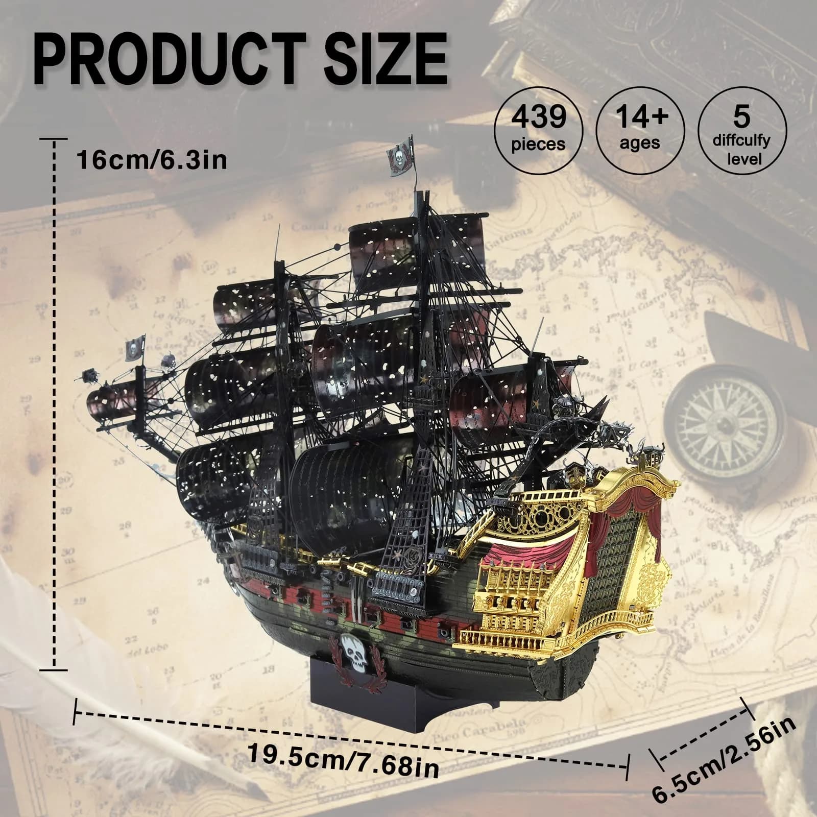 Piececool Queen Anne's Revenge Pirate Ship 3D Metal Puzzle Model Kit | 439 Pieces, Stainless Steel - view 6