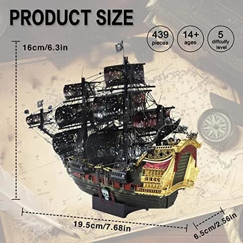 Piececool Queen Anne's Revenge Pirate Ship 3D Metal Puzzle Model Kit | 439 Pieces, Stainless Steel thumbnail 6
