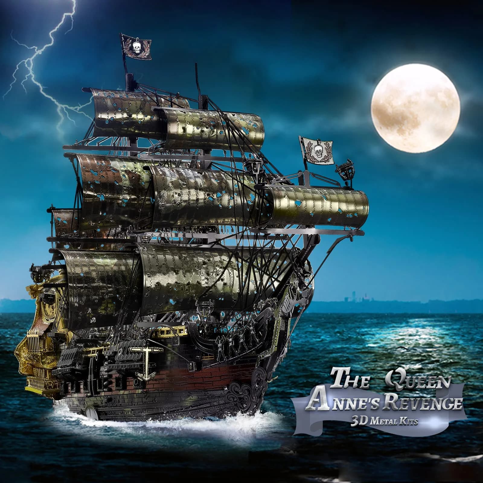 Piececool Queen Anne's Revenge Pirate Ship 3D Metal Puzzle Model Kit | 439 Pieces, Stainless Steel - view 2