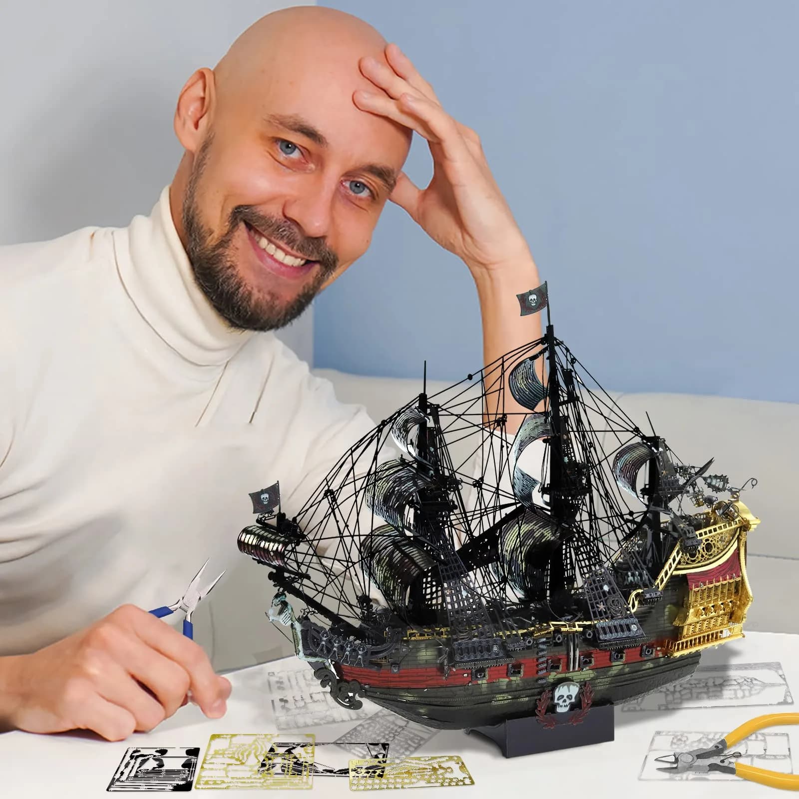 Piececool Queen Anne's Revenge Pirate Ship 3D Metal Puzzle Model Kit | 439 Pieces, Stainless Steel - view 3