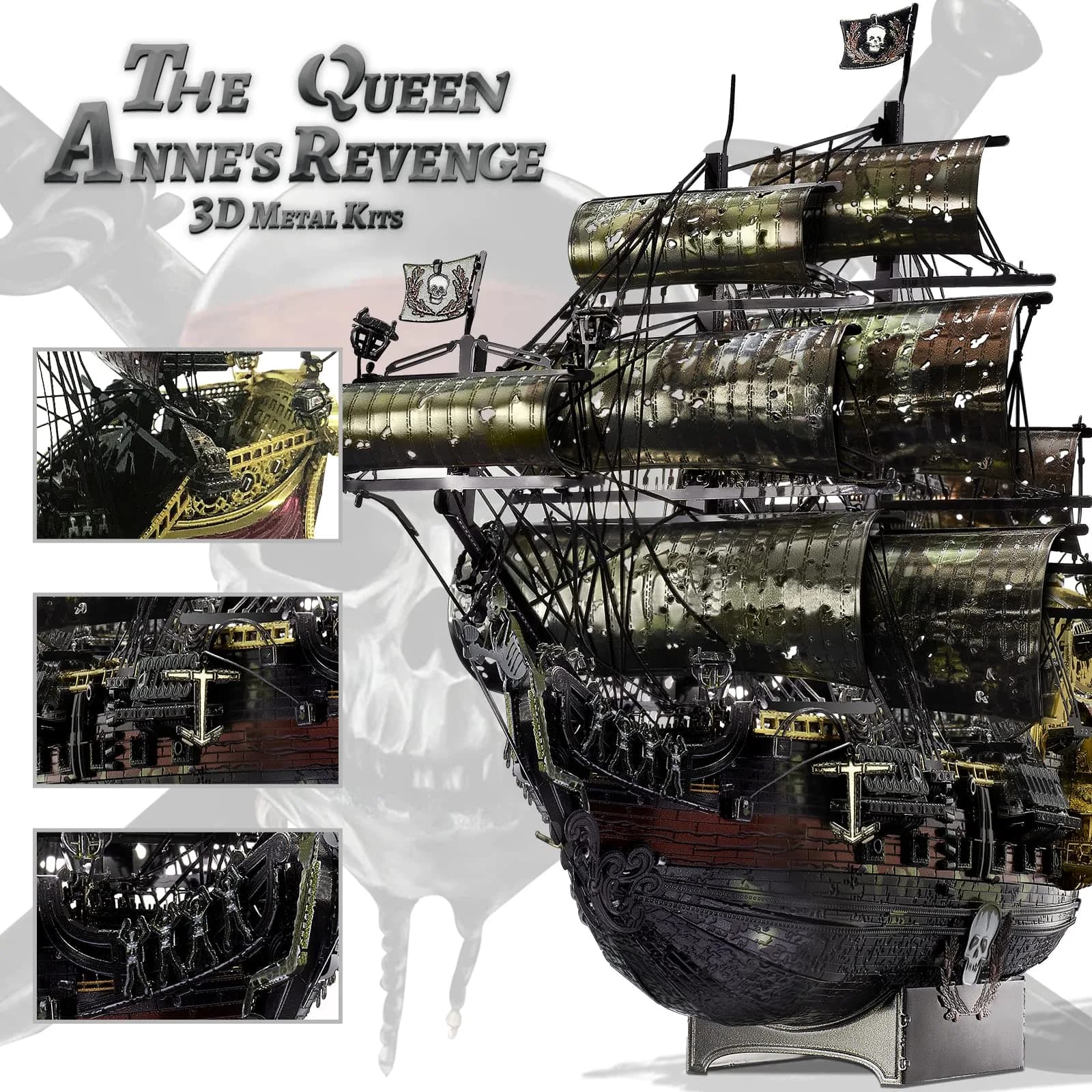 Piececool Queen Anne's Revenge Pirate Ship 3D Metal Puzzle Model Kit | 439 Pieces, Stainless Steel - view 4