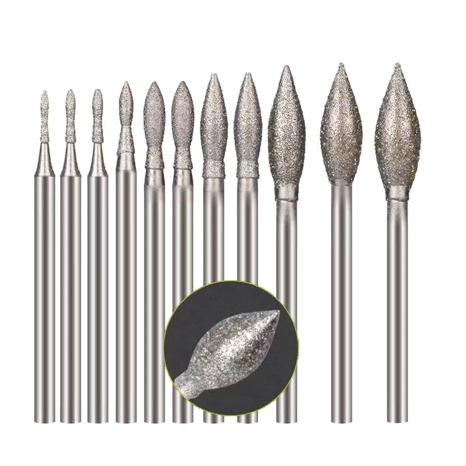 Luo ke Diamond Burr 10 Pcs 0.8mm-6mm Oval Shape | Durable Diamond Particles for Precision Carving — 11pc Olive Shape