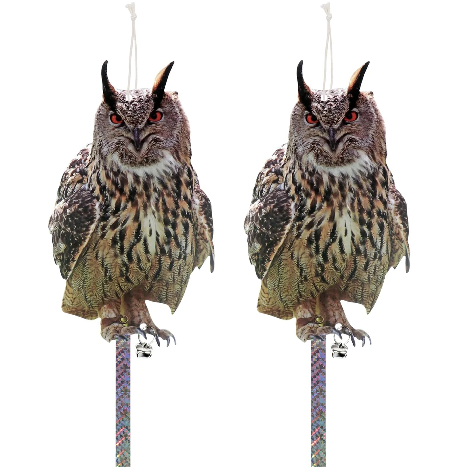 Kungfu Mall Hanging Fake Owl Bird Deterrent 2PCS | Plastic Owl to Scare Pigeons, Woodpeckers, Squirrels — Black Owl 2PCS