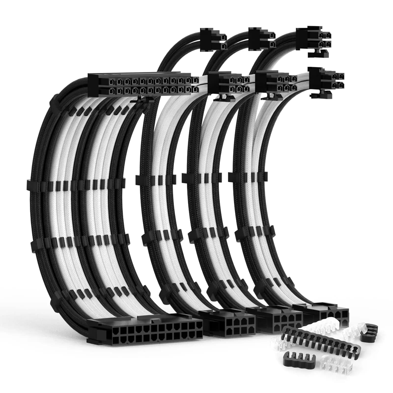 ABNO1 PSU Extension Cable Kit With Cable Combs - 30cm (11.8") Length, Pink Sleeved Cables | Triple Layer Weaving for ATX Power Supply — Black/White