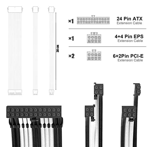 ABNO1 PSU Cable Extension Kit 30cm (11.8in) | Black/White Sleeved Braided PC Power Cables thumbnail 3