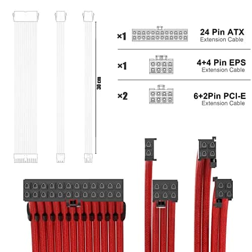 ABNO1 PSU Cable Extension Kit with Combs - 30cm Red Sleeved Cables | 1x24Pin ATX, 1x8Pin EPS, 2x8Pin PCI-E thumbnail 3