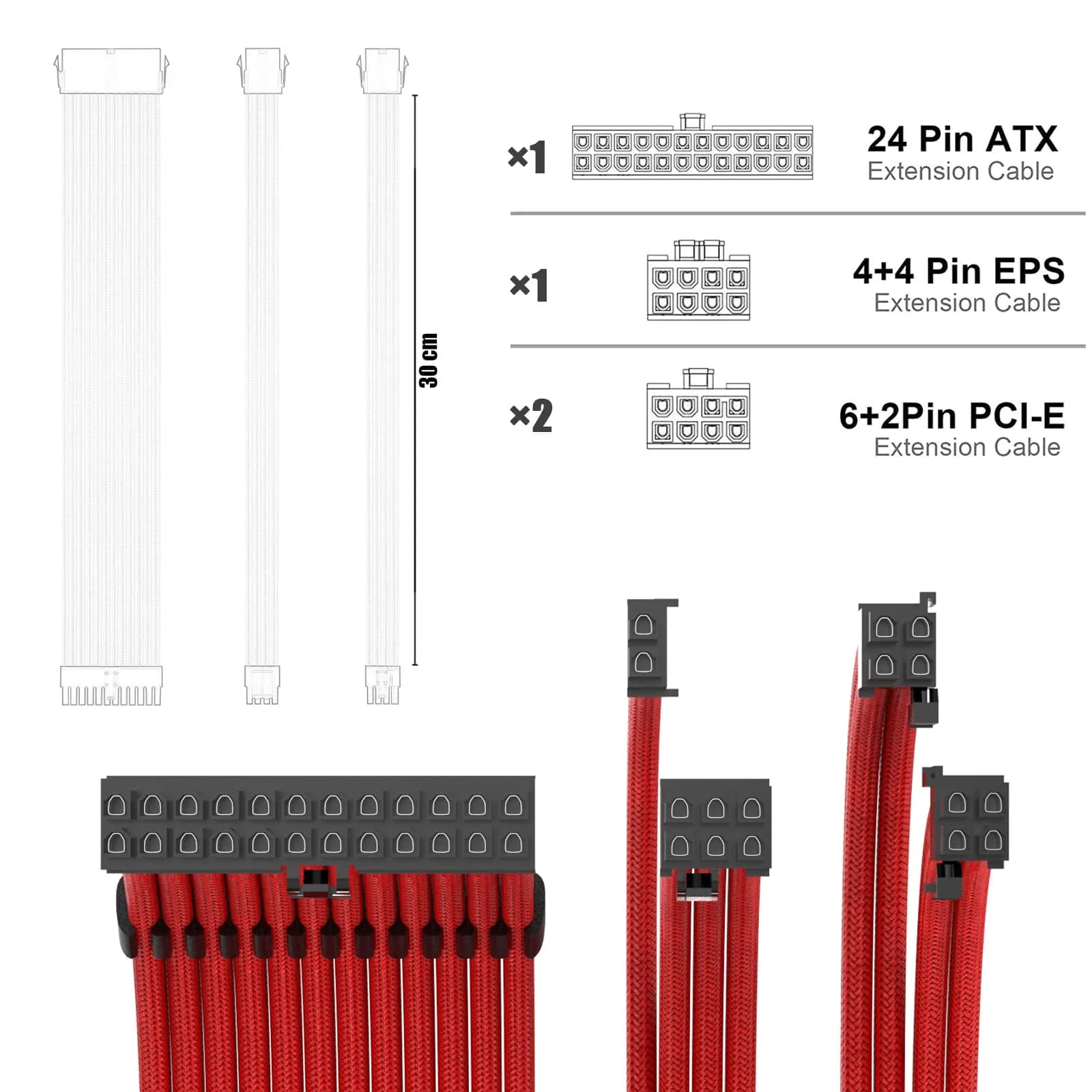 ABNO1 PSU Cable Extension Kit with Combs - 30cm Red Sleeved Cables | 1x24Pin ATX, 1x8Pin EPS, 2x8Pin PCI-E - view 3