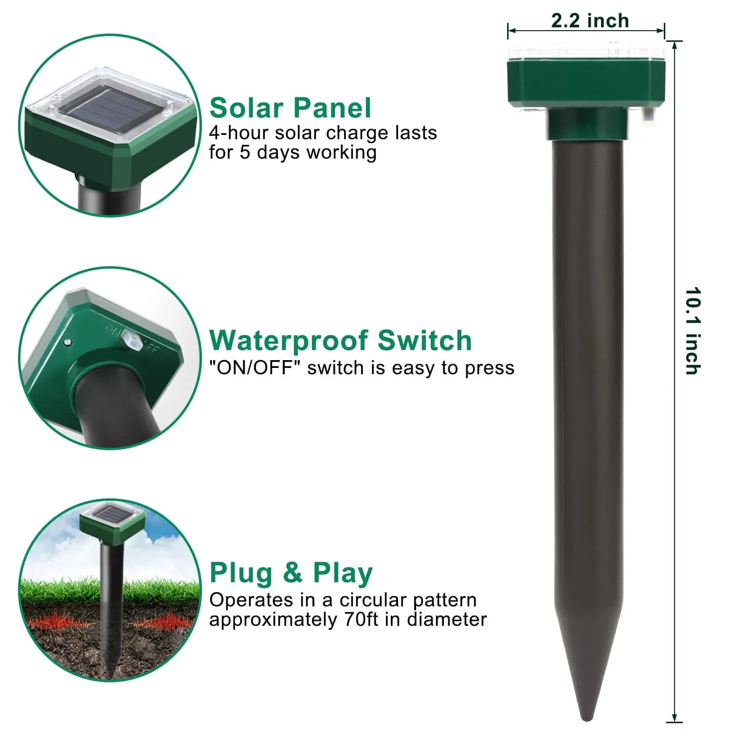 USKICH Solar Powered Mole Repellent Spikes, 10 Pack Ultrasonic Vole Deterrent for Garden & Yard - view 2