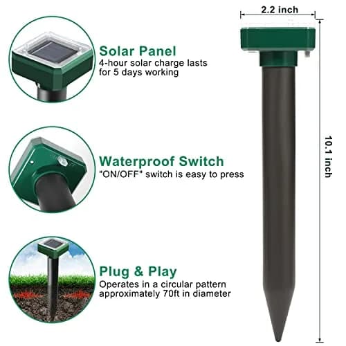 USKICH Solar Powered Mole Repellent Spikes, 10 Pack Ultrasonic Vole Deterrent for Garden & Yard thumbnail 2