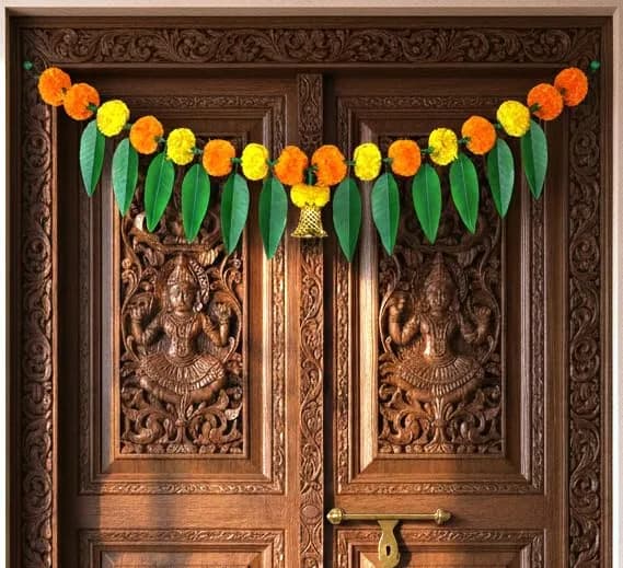 iHandikart Marigold Flowers with Mango Leaf Door Hanging Toran 96.5x20.3 cm (38x8 inch) Pack of 1 | Traditional Festival Decoration thumbnail 1