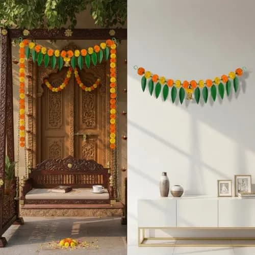 iHandikart Marigold Flowers with Mango Leaf Door Hanging Toran 96.5x20.3 cm (38x8 inch) Pack of 1 | Traditional Festival Decoration thumbnail 6