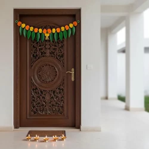 iHandikart Marigold Flowers with Mango Leaf Door Hanging Toran 96.5x20.3 cm (38x8 inch) Pack of 1 | Traditional Festival Decoration thumbnail 7