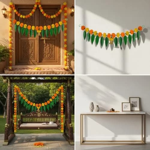 iHandikart Marigold Flowers with Mango Leaf Door Hanging Toran 96.5x20.3 cm (38x8 inch) Pack of 1 | Traditional Festival Decoration thumbnail 8