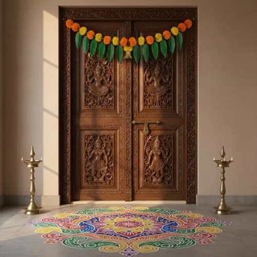 iHandikart Marigold Flowers with Mango Leaf Door Hanging Toran 96.5x20.3 cm (38x8 inch) Pack of 1 | Traditional Festival Decoration thumbnail 2