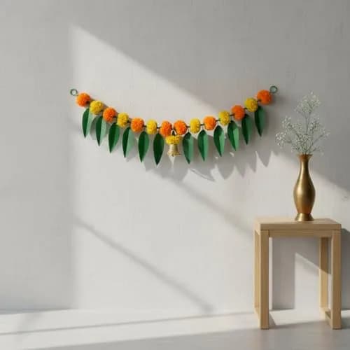 iHandikart Marigold Flowers with Mango Leaf Door Hanging Toran 96.5x20.3 cm (38x8 inch) Pack of 1 | Traditional Festival Decoration thumbnail 3