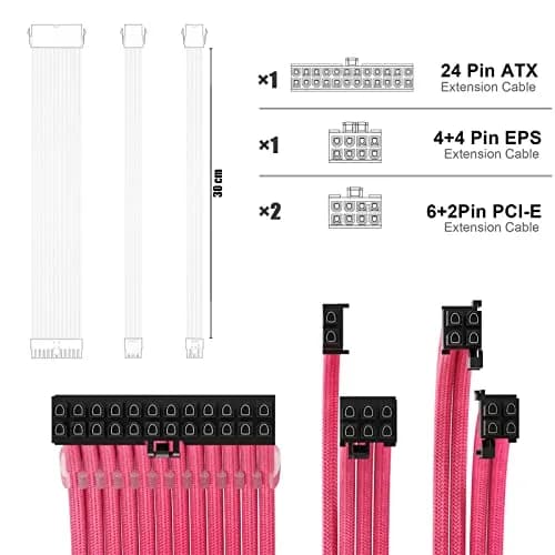 ABNO1 PSU Extension Cable Kit With Cable Combs - 30cm (11.8") Length, Pink Sleeved Cables | Triple Layer Weaving for ATX Power Supply thumbnail 3