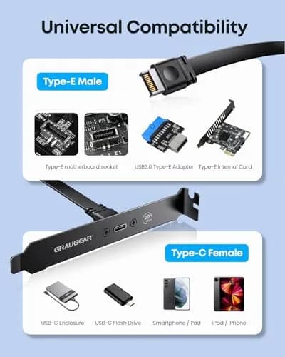 GRAUGEAR 20Gbps USB-C Front Panel Extension Cable 60cm (23.6 Inch) | Adds USB 3.2 Gen 2x2 Type-E Port with PCIe Bracket thumbnail 7