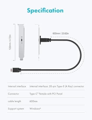 GRAUGEAR 20Gbps USB-C Front Panel Extension Cable 60cm (23.6 Inch) | Adds USB 3.2 Gen 2x2 Type-E Port with PCIe Bracket thumbnail 8