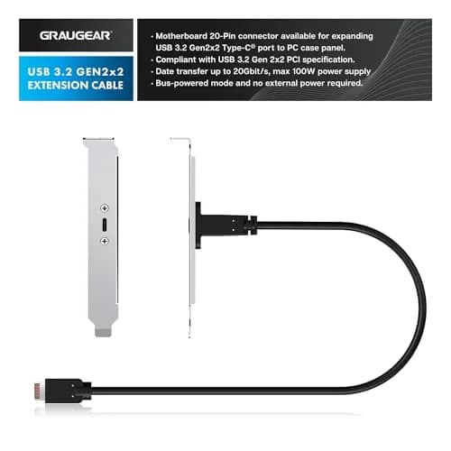 GRAUGEAR 20Gbps USB-C Front Panel Extension Cable 60cm (23.6 Inch) | Adds USB 3.2 Gen 2x2 Type-E Port with PCIe Bracket thumbnail 2