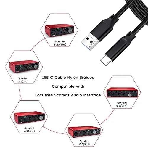 weishan USB C to USB Cable with Adapter, 2m (6.6ft) Black Braided Cord for Focusrite Scarlett Solo 3rd 4th Gen, 2i2 4th Gen | 10Gbps Data Transfer thumbnail 2