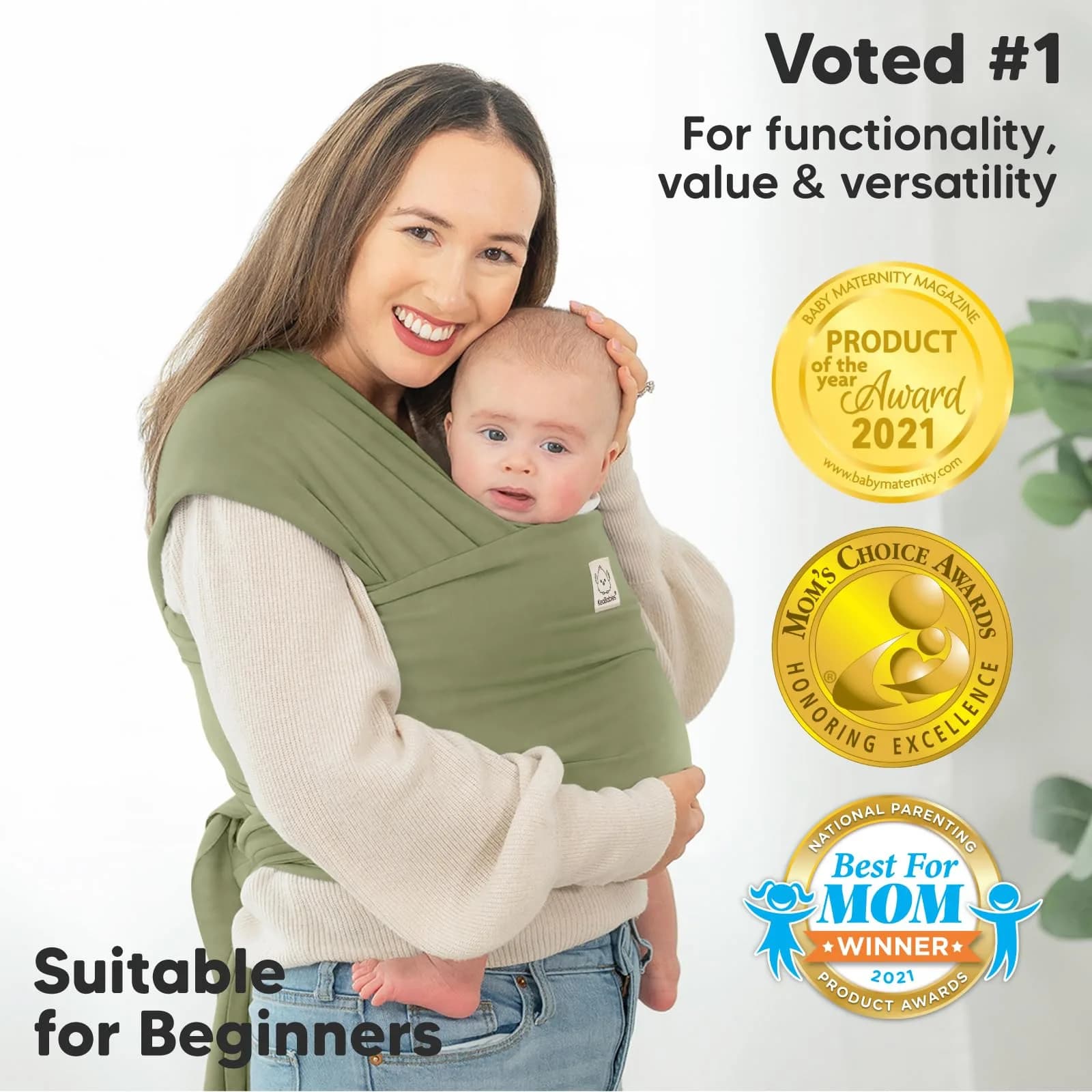 KeaBabies Original Baby Wrap Carrier in Dusty Olive - One Size, Breathable Fabric for Newborns - view 3