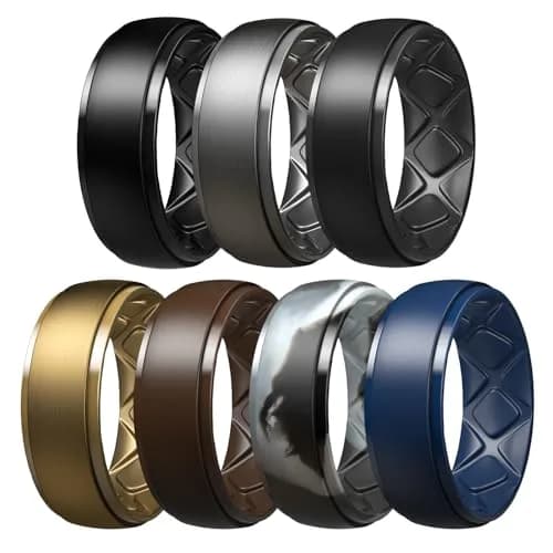 Egnaro Men's Silicone Wedding Ring Set - Size 10 (10mm Wide, 2.5mm Thick) | 7-Pack Breathable Comfort Fit thumbnail 1