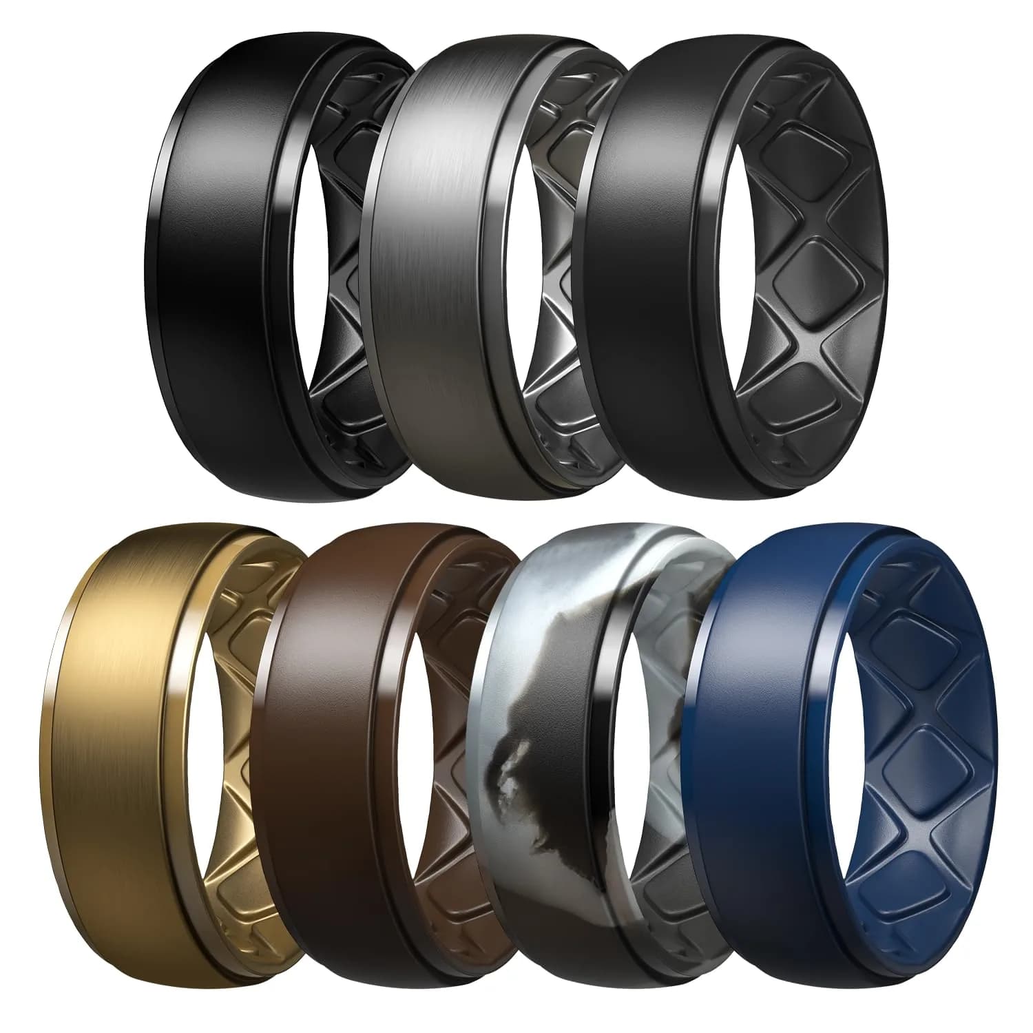 Egnaro Men's Silicone Wedding Ring Set - Size 10 (10mm Wide, 2.5mm Thick) | 7-Pack Breathable Comfort Fit — SETA-Black,Black Gray,Black camo,Dark silver,Bronze,Dark Brown,Midnight Blue